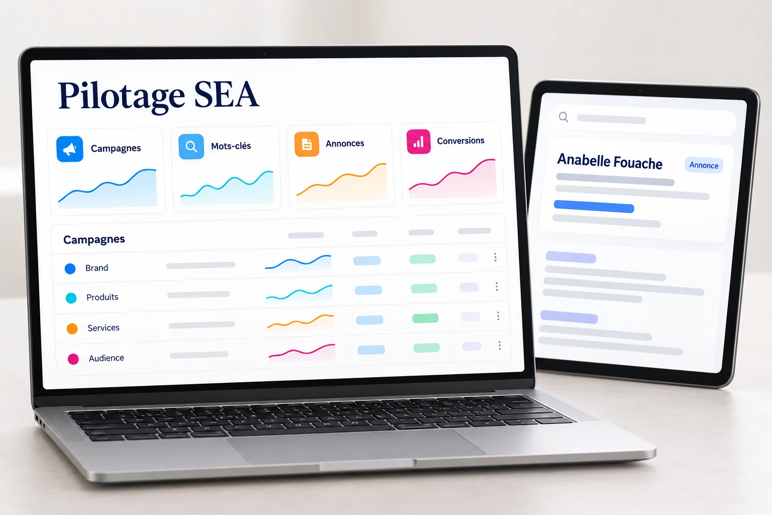 Mockup illustratif du pilotage de campagnes SEA pour Anabelle Fouache