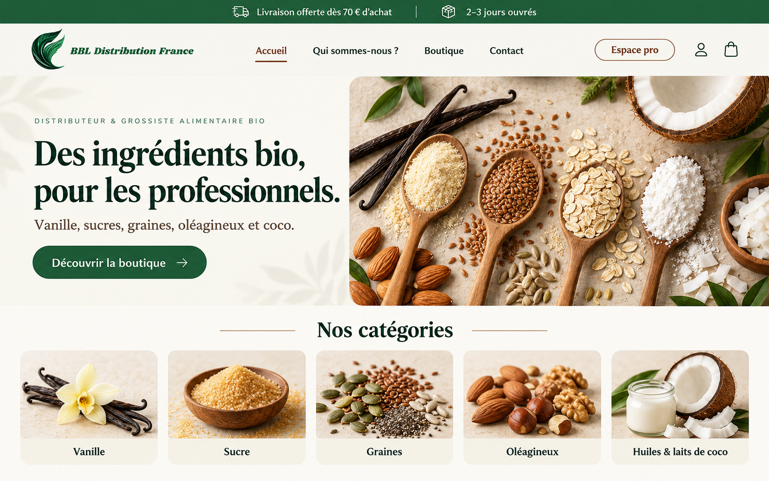Maquette e-commerce BBL Distribution France : boutique bio, navigation professionnelle et catégories de produits