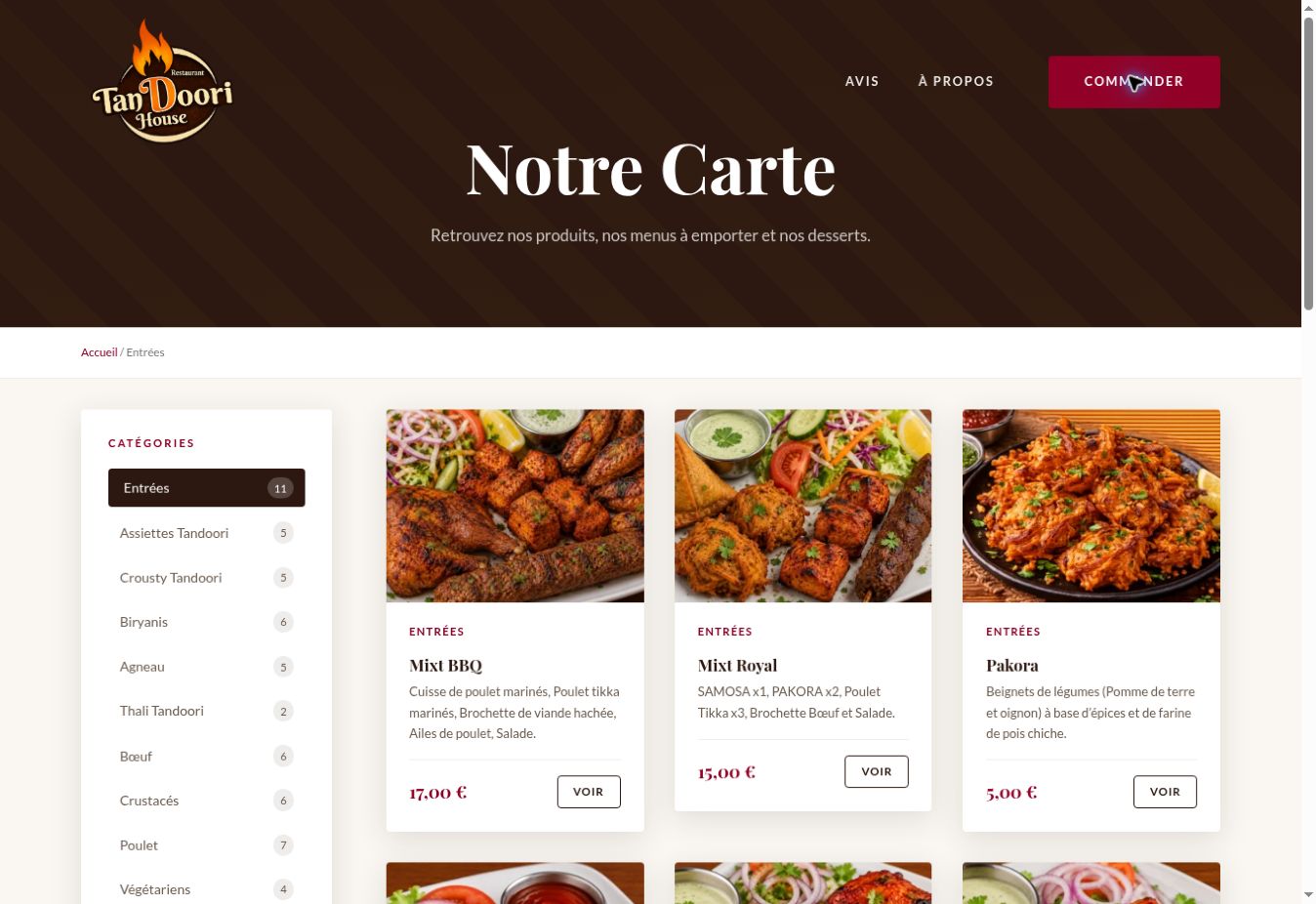 Carte par catégories et commande en ligne Tandoori House
